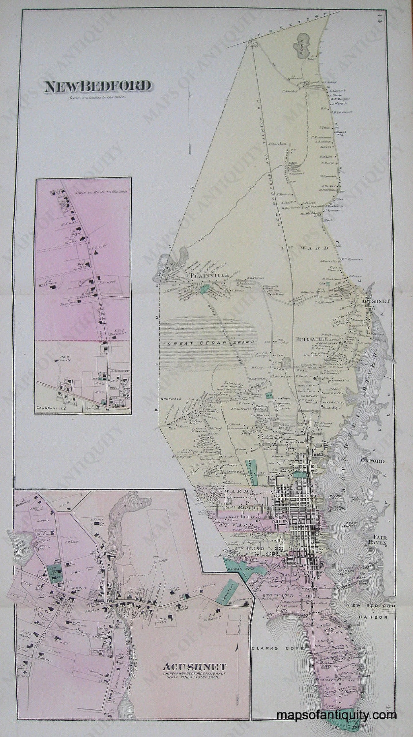 Antique-Hand-Colored-Map-New-Bedford-Acushnet-pp.-44-45-(MA)-Massachusetts-Bristol-County-1871-Beers-Maps-Of-Antiquity