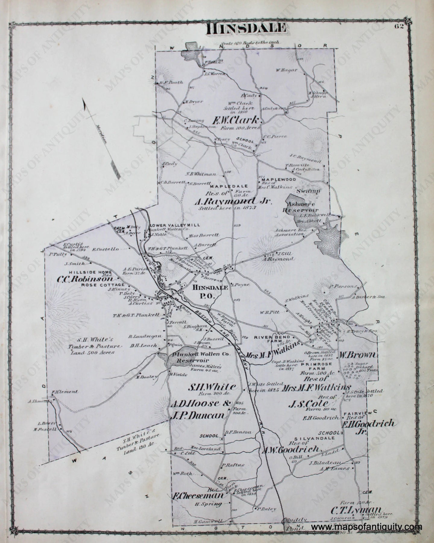 Antique-Hand-Colored-Map-Hinsdale-p.-62-(MA)-United-States-Northeast-1876-Beers-Maps-Of-Antiquity