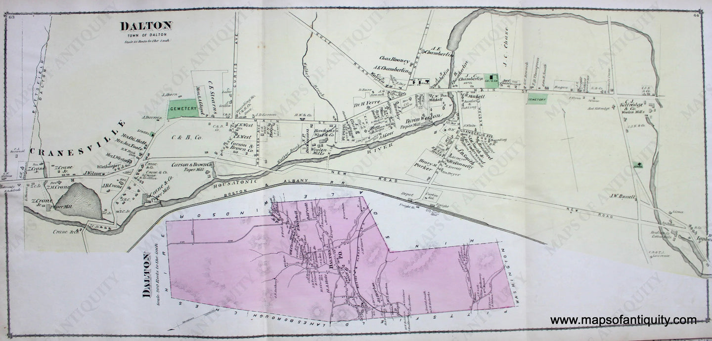 Antique-Hand-Colored-Map-Dalton-pp.-63-64-(MA)-United-States-Northeast-1876-Beers-Maps-Of-Antiquity