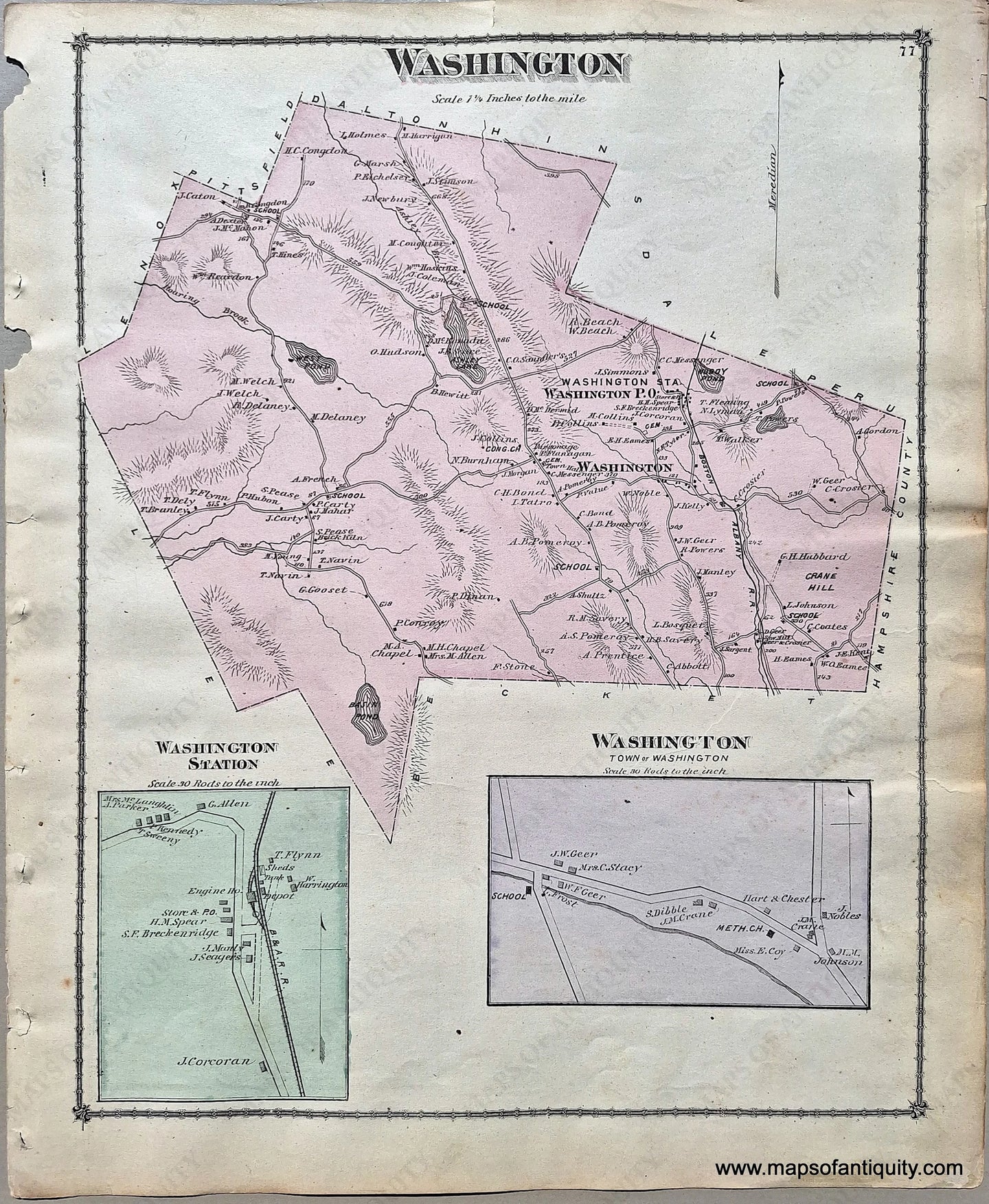 Antique-Hand-Colored-Map-Washington-p.-77-(MA)-Massachusetts-Berkshire-County-United-States-Northeast-1876-Beers-Maps-Of-Antiquity