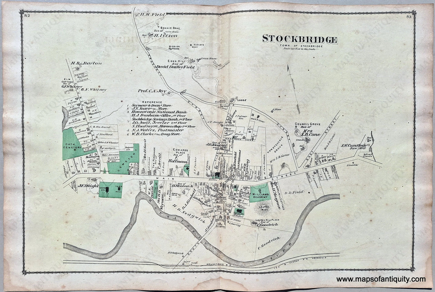 Antique map of Stockbridge center, MA. Hand-colored in yellow with parks and cemeteries in green. Shows roads and property owners names. MAS1110-Antique-Hand-Colored-Map-Stockbridge-Massachusetts-Berkshire-County-pp-82-83-MA-United-States-Northeast-1876-Beers-Maps-Of-Antiquity