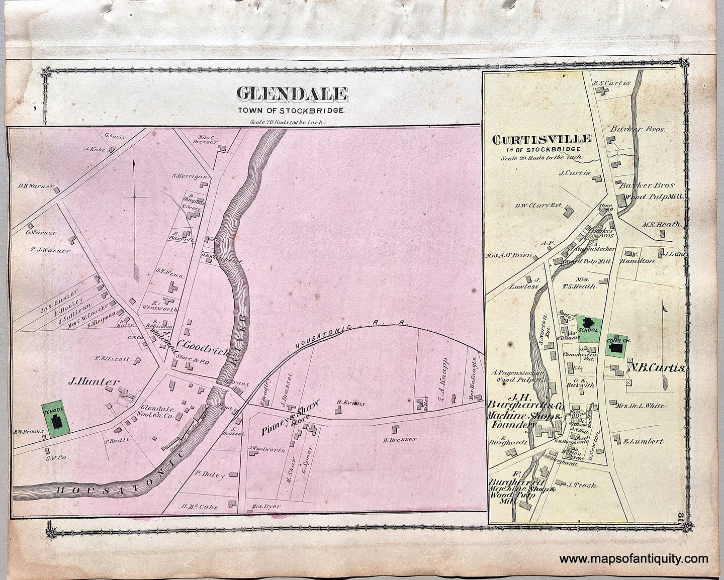 Antique map of parts of Stockbridge, Mass. Villages of Glendale and Curtisville. Hand-colored in pink and yellow with green for the schools and church. Shows property owners names. MAS1110V-Antique-Hand-Colored-Map-Glendale-Curtisville-Stockbridge-Massachusetts-Berkshire-County-p-81-MA-United-States-Northeast-1876-Beers-Maps-Of-Antiquity