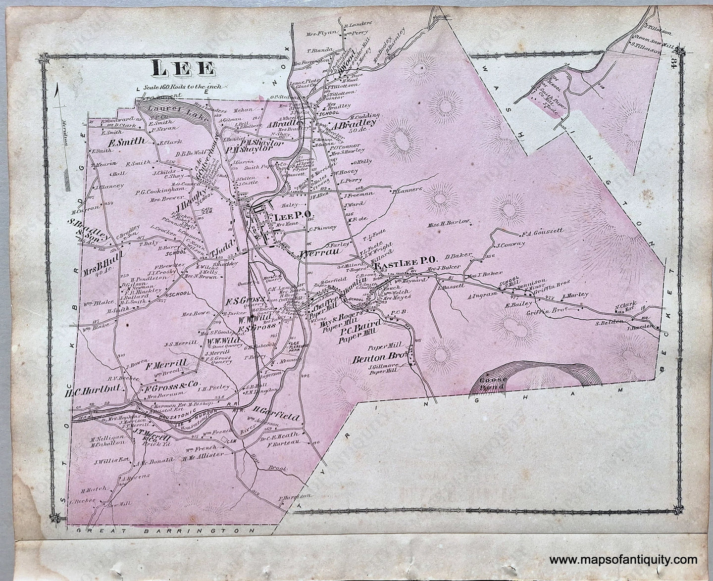 Antique map of Lee, Massachusetts, in Berkshire County, hand-colored in pink and showing roads and property owners names. p.-84-(MA)-United-States-Northeast-1876-Beers-Maps-Of-Antiquity