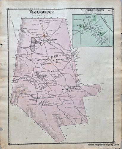 Antique map of Egremont, Massachusetts. Hand-colored in pink with a green inset map of North Egremont. Shows property owners names. MAS1116-Antique-Map-Egremont-p-102-1876-Beers-Mount-Washington-MA-Mass-Massachusetts-Berkshire-County