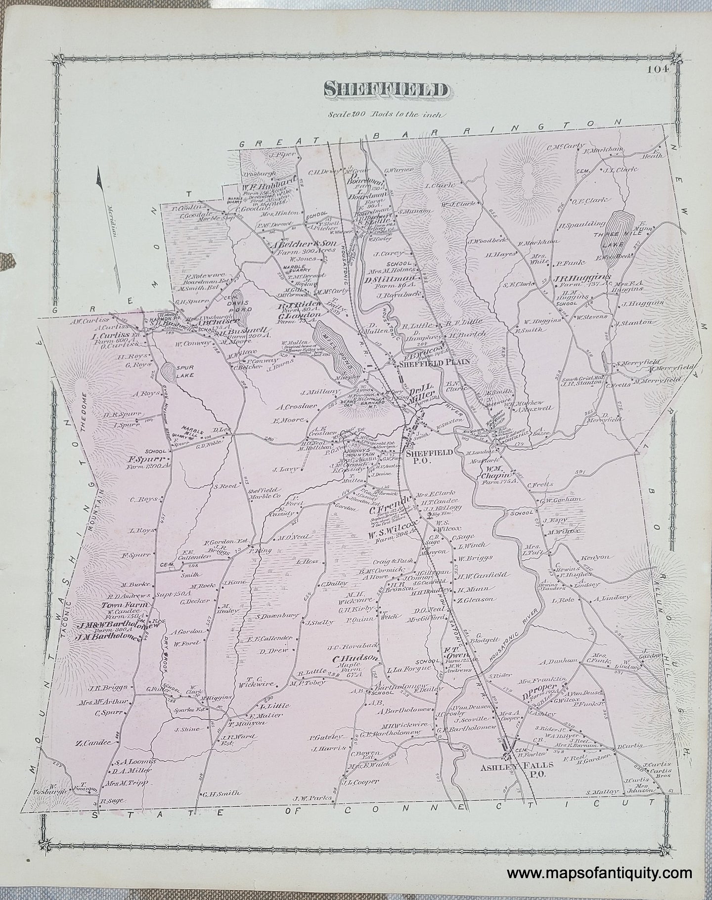 1876 - Sheffield p. 104 (MA) - Antique Map