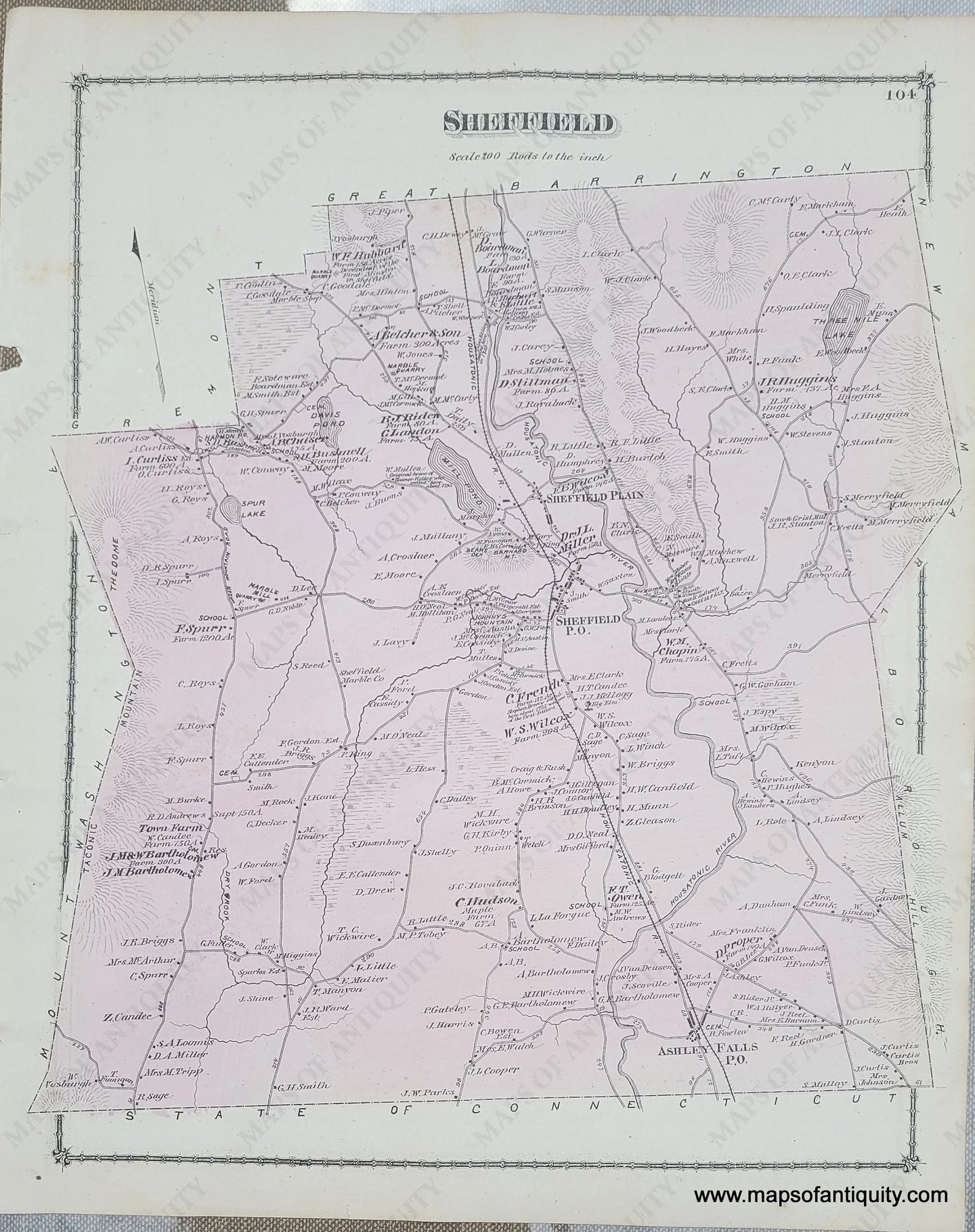 1876 - Sheffield P. 104 (Ma) Antique Map Genuine Hand-Colored