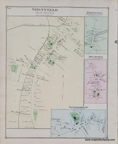 Antique-Hand-Colored-Map-Sheffield--Hartsville-Southfield-New-Marlborough-p.-105-(MA)-United-States-Northeast-1876-Beers-Maps-Of-Antiquity