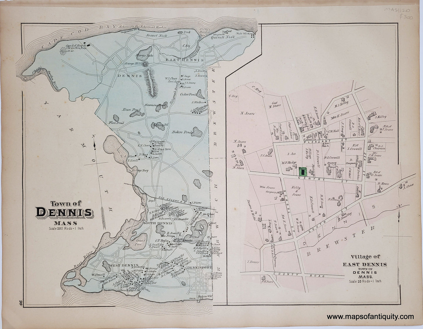 Antique page with two maps. On the left is the town of dennis with original hand-coloring in an antique blue tone. On right is the village of east dennis in tones of pink and green