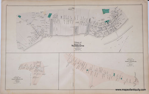 Antique page with three village maps. At top is SOuth yarmouth in antique tones of lavender with green for the cemeteries, at bottom are two maps of west yarmouth in antique pink tones.