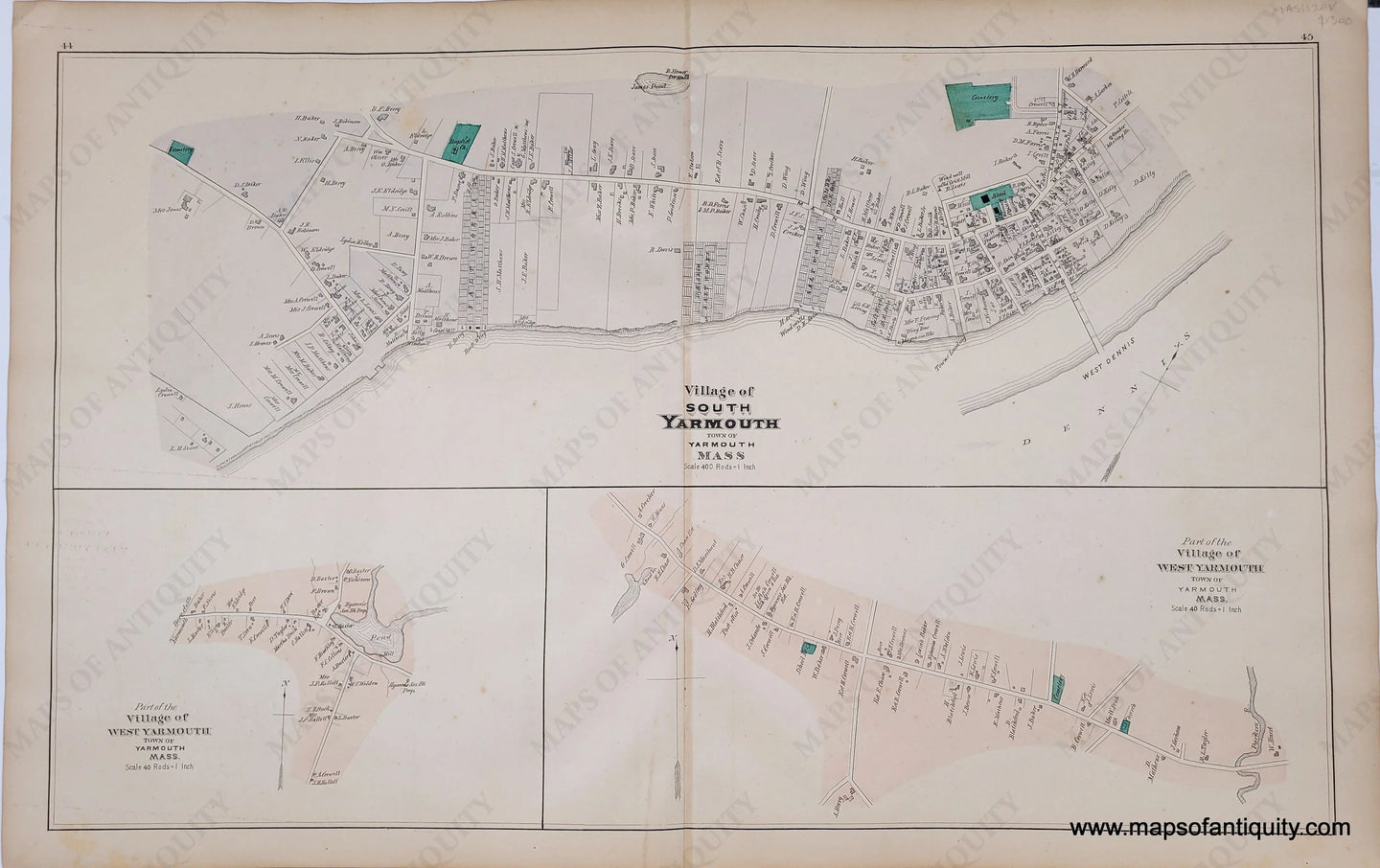 Antique page with three village maps. At top is SOuth yarmouth in antique tones of lavender with green for the cemeteries, at bottom are two maps of west yarmouth in antique pink tones.