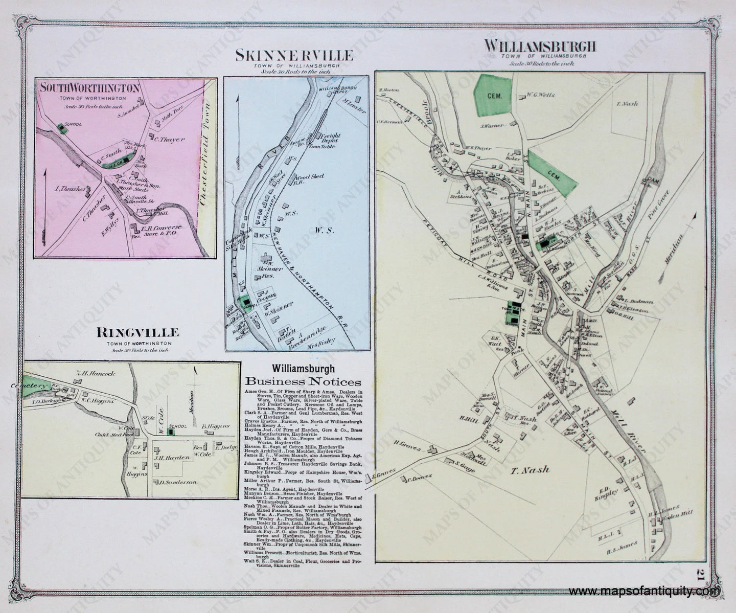 Antique-Hand-Colored-Map-Williamsburgh-Skinnerville-Ringville-p.21-(MA)-Massachusetts-Hampshire-County-1873-Beers-Maps-Of-Antiquity