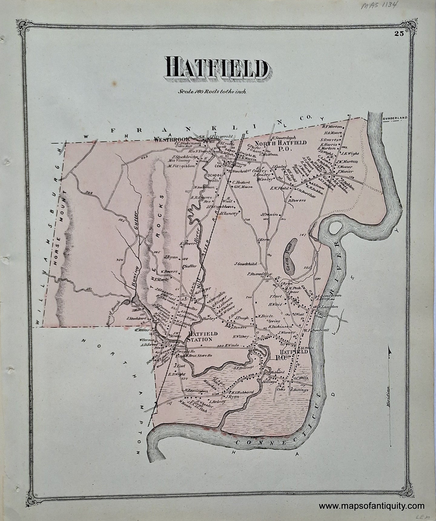 Antique-Hand-Colored-Map-Hatfield-p.-25-(MA)-Massachusetts-Hampshire-County-1873-Beers-Maps-Of-Antiquity