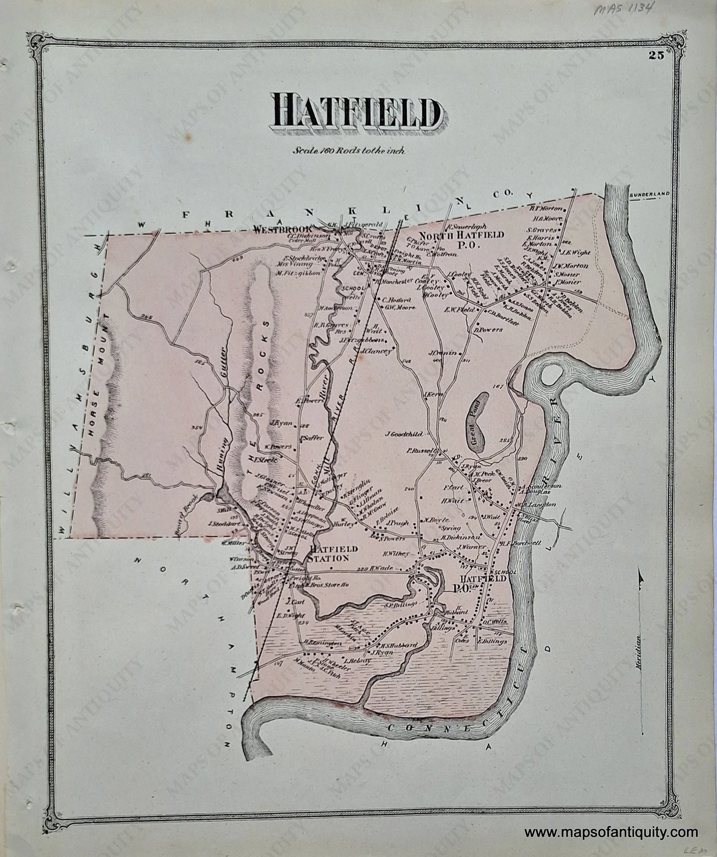 Antique-Hand-Colored-Map-Hatfield-p.-25-(MA)-Massachusetts-Hampshire-County-1873-Beers-Maps-Of-Antiquity