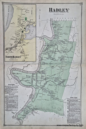 Antique-Hand-Colored-Map-Hadley-North-Hadley-pp.-32-33-(MA)-******-Massachusetts-Hampshire-County-1873-Beers-Maps-Of-Antiquity