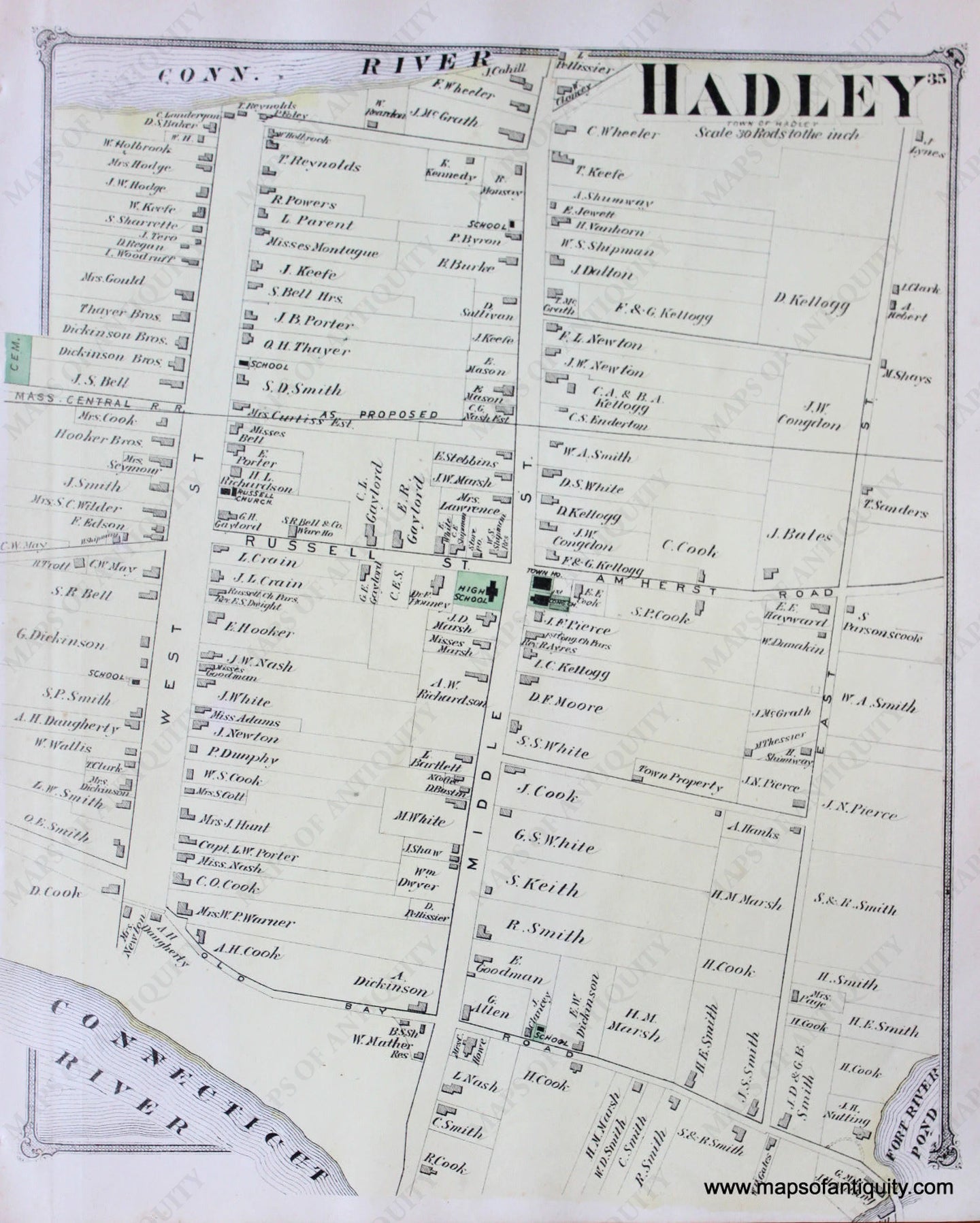 Antique-Hand-Colored-Map-Hadley-p.-35-(MA)-Massachusetts-Hampshire-County-1873-Beers-Maps-Of-Antiquity