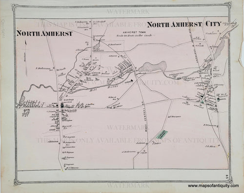 map of the town of North Amherst and North Amherst City MA with original hand-coloring in light pink and green