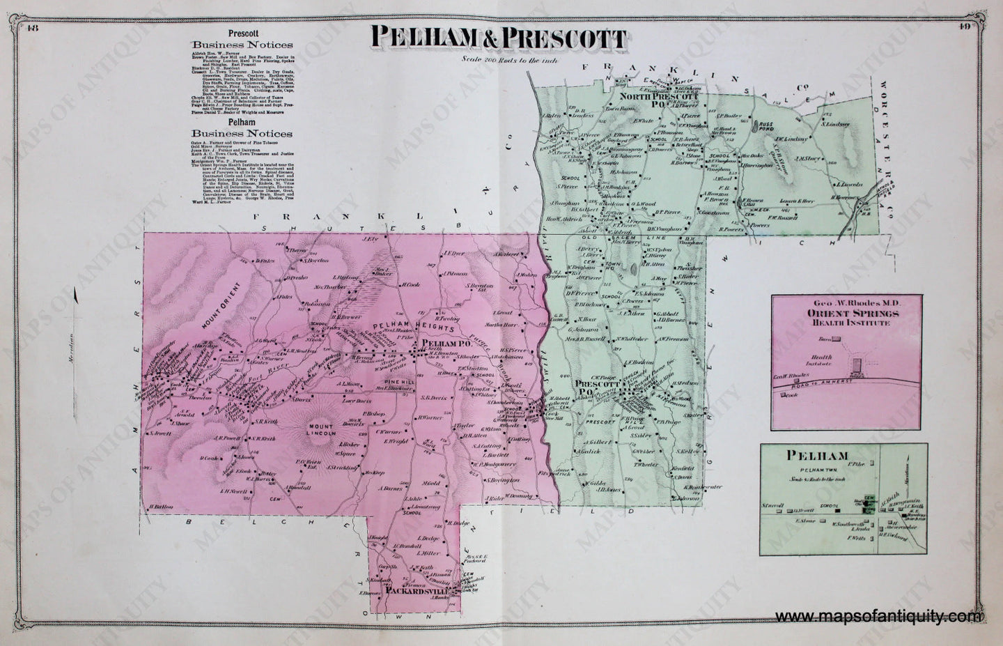 Antique-Hand-Colored-Map-Pelham-and-Prescott-pp.-48-49-(MA)-Massachusetts-Hampshire-County-1873-Beers-Maps-Of-Antiquity