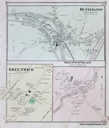 Antique-Hand-Colored-Map-Huntington-Greenwich-Greenwich-Village-p.-55-(MA)-Massachusetts-Hampshire-County-1873-Beers-Maps-Of-Antiquity