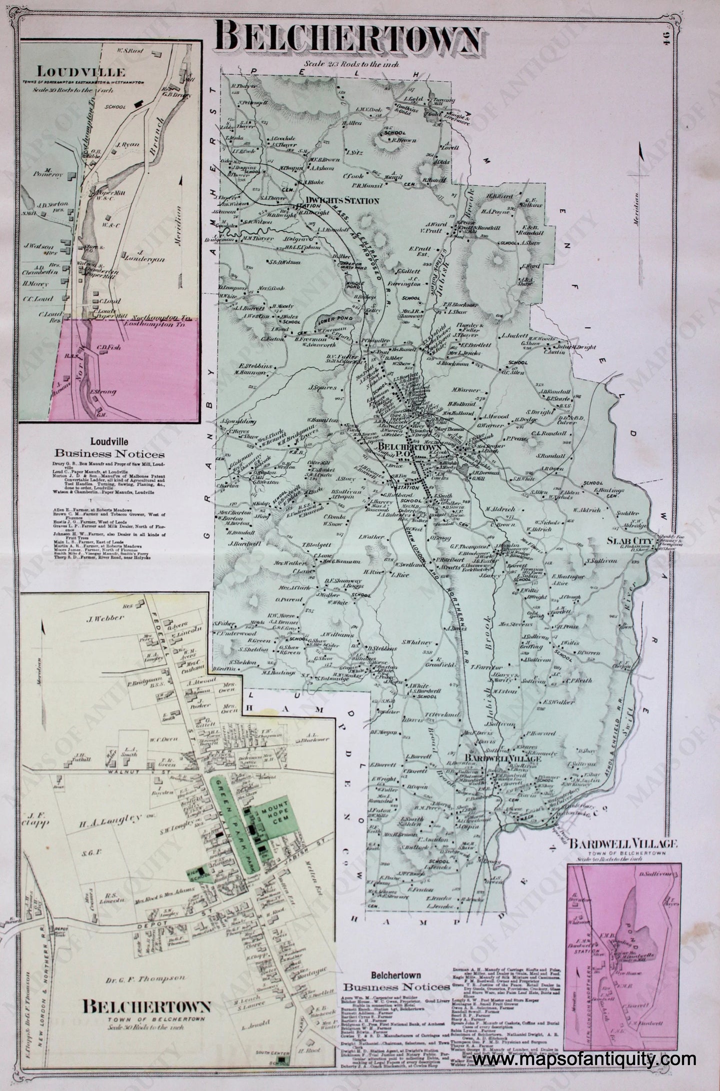 Antique-Hand-Colored-Map-Belchertown-Loudville-pp.-94-95-(MA)-Massachusetts-Hampshire-County-1873-Beers-Maps-Of-Antiquity