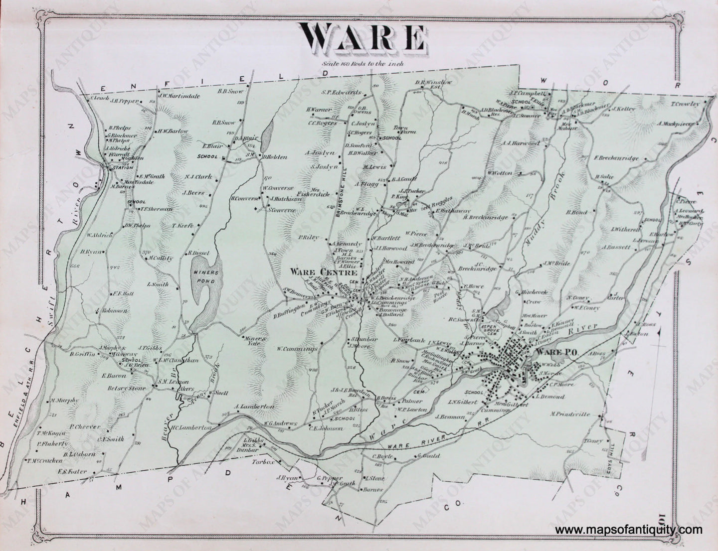 Antique-Hand-Colored-Map-Ware-p.-101-(MA)-Massachusetts-Hampshire-County-1873-Beers-Maps-Of-Antiquity