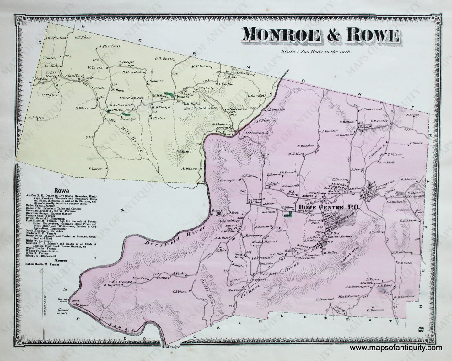 Antique-Hand-Colored-Map-Monroe-and-Rowe-p.-8-(MA)-Massachusetts-Franklin-County-1871-Beers-Maps-Of-Antiquity