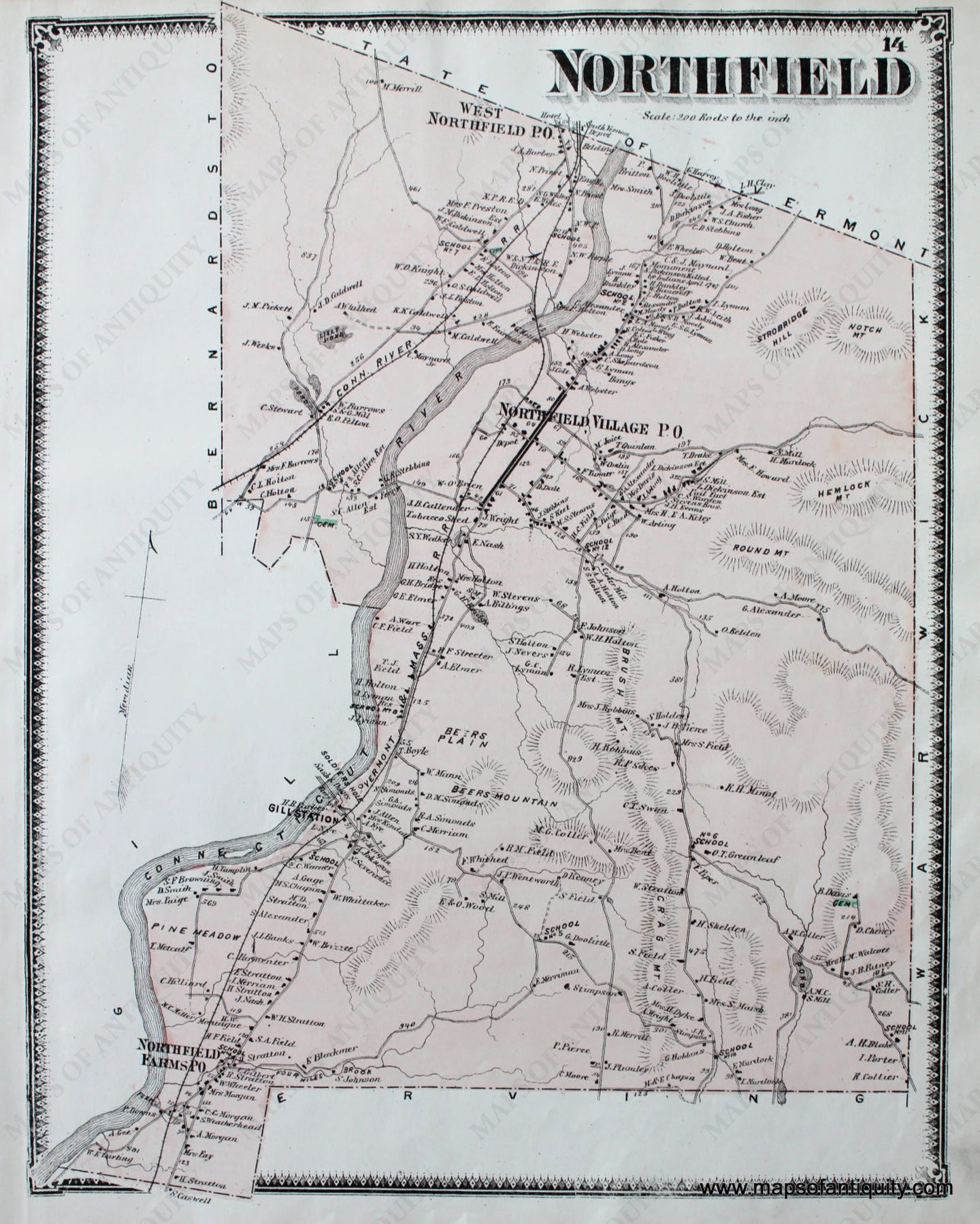 Antique-Hand-Colored-Map-Northfield-p.-14-(MA)-Massachusetts-Franklin-County-1871-Beers-Maps-Of-Antiquity