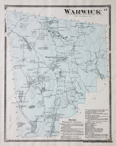 Antique-Hand-Colored-Map-Warwick-(MA)-Massachusetts-Franklin-County-1871-Beers-Maps-Of-Antiquity