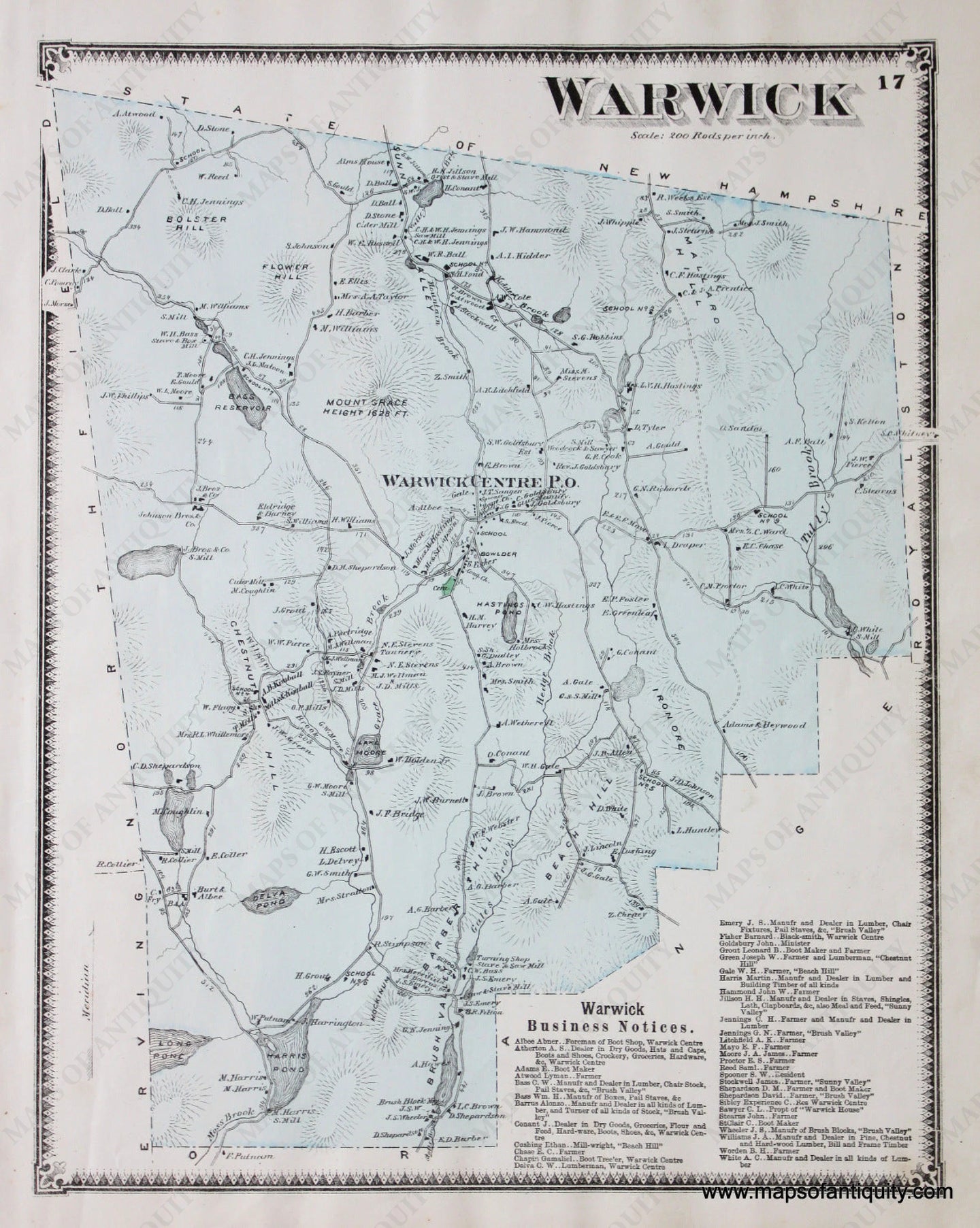 Antique-Hand-Colored-Map-Warwick-(MA)-Massachusetts-Franklin-County-1871-Beers-Maps-Of-Antiquity