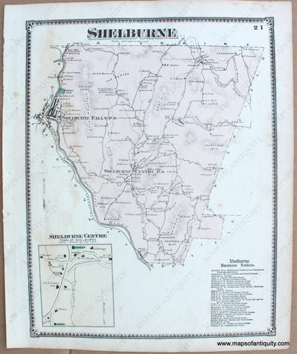 1871 - Shelburne P. 21 (Ma) Antique Map Genuine Hand-Colored