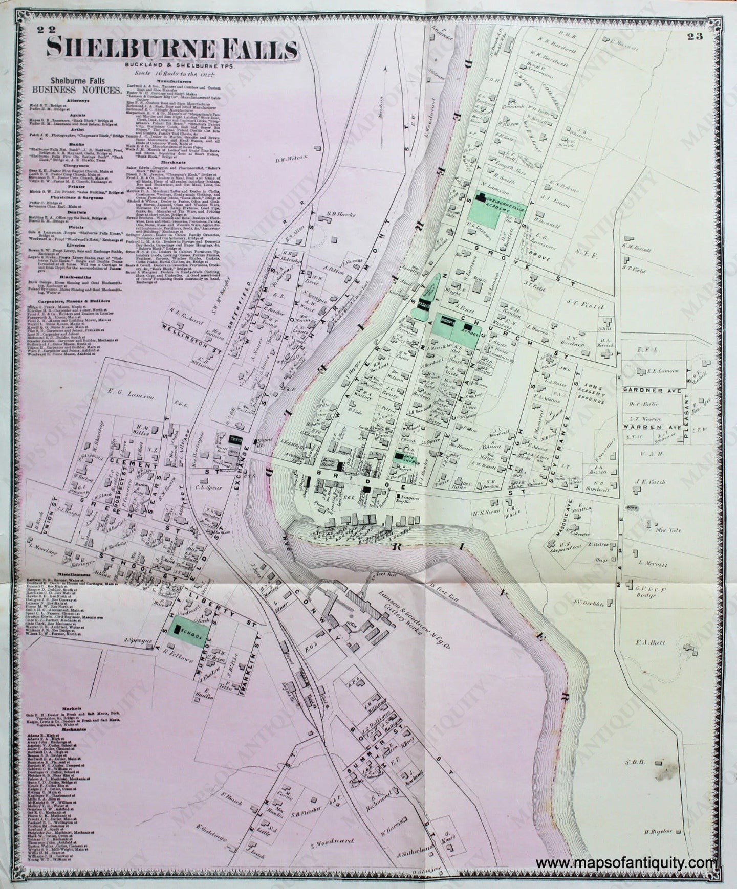 Antique-Hand-Colored-Map-Shelburne-Falls-pp.-22-23-(MA)-Massachusetts-Franklin-County-1871-Beers-Maps-Of-Antiquity