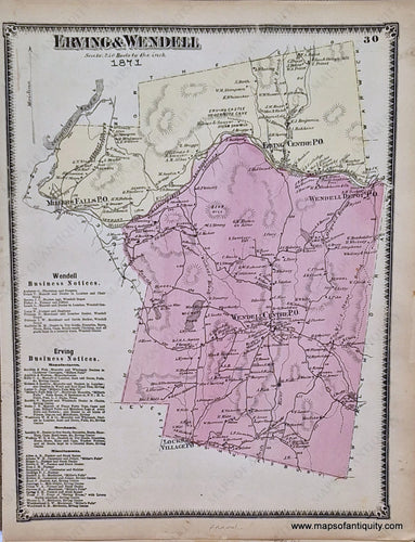 Antique-Hand-Colored-Map-Erving-and-Wendell-p.-30-(MA)-Massachusetts-Franklin-County-1871-Beers-Maps-Of-Antiquity