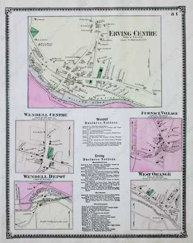 Antique-Hand-Colored-Map-Erving-Centre-Wendell-Centre-p.-31-(MA)-Massachusetts-Franklin-County-1871-Beers-Maps-Of-Antiquity