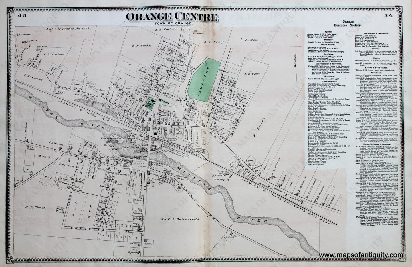 Antique-Hand-Colored-Map-Orange-Centre-pp.-33-34-(MA)-Massachusetts-Franklin-County-1871-Beers-Maps-Of-Antiquity