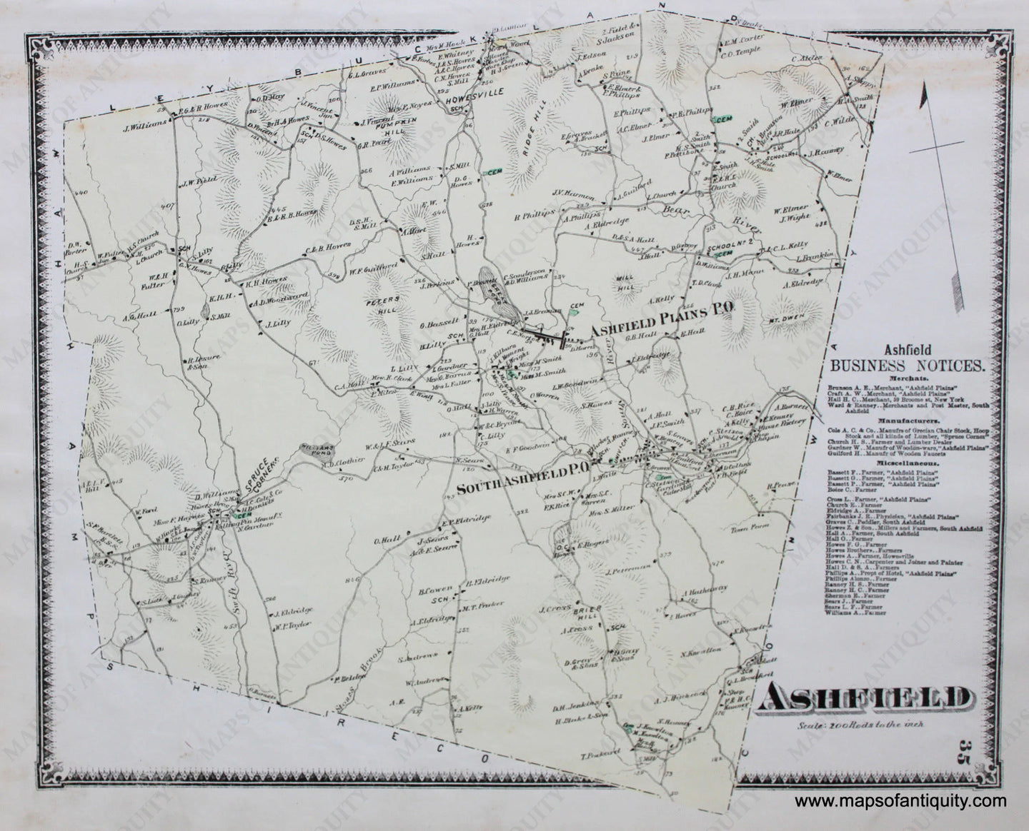 Antique-Hand-Colored-Map-Ashfield-p.-35-(MA)-Massachusetts-Franklin-County-1871-Beers-Maps-Of-Antiquity