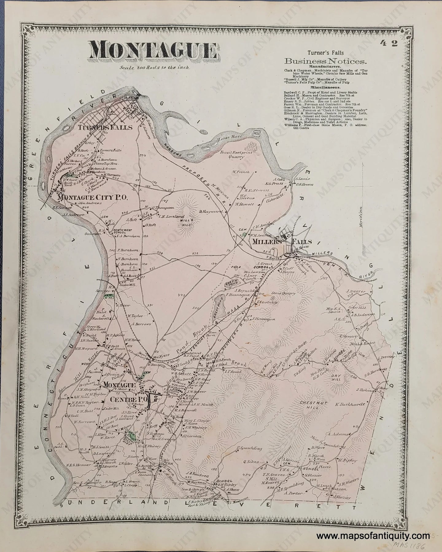 1871 - Montague P. 42 (Ma) Antique Map Genuine Hand-Colored