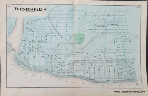 Antique-Hand-Colored-Map-Turners-Falls-pp.-44-45-(MA)-******-Massachusetts-Franklin-County-1871-Beers-Maps-Of-Antiquity