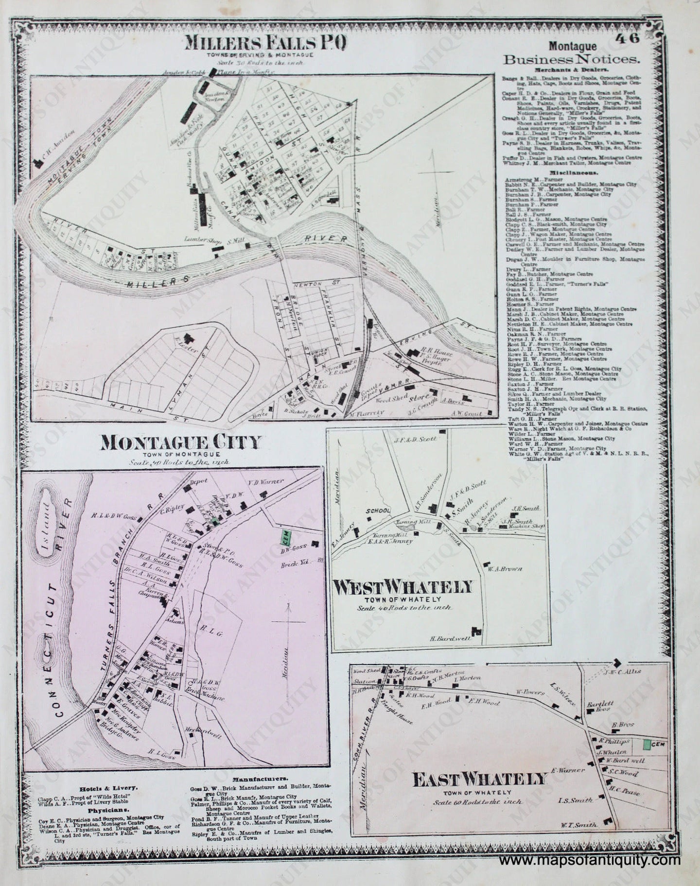 Antique-Hand-Colored-Map-Millers-Falls-P.O.-Montague-City-West-Whately-East-Whately-p.-46-(MA)-Massachusetts-Franklin-County-1871-Beers-Maps-Of-Antiquity