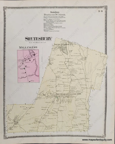 1871 - Shutesbury P. 50 (Ma) Antique Map Genuine Hand-Colored