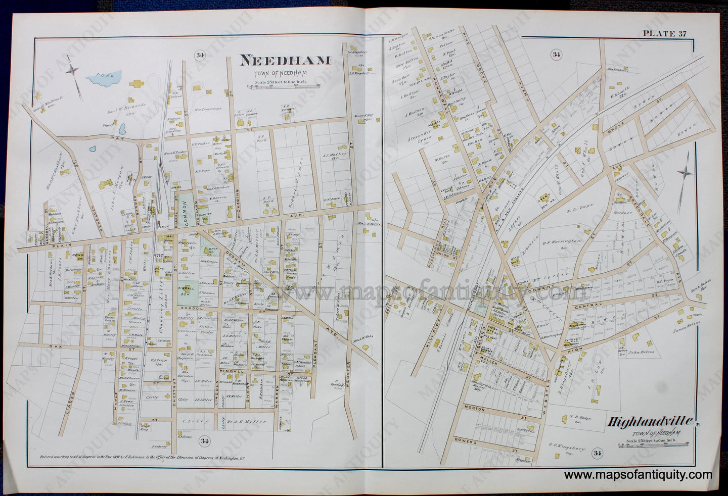 Antique-Hand-Colored-Map-Needham-Highlandville-MA-Plate-37-**********-Massachusetts-Norfolk-County-1888-Robinson-Maps-Of-Antiquity