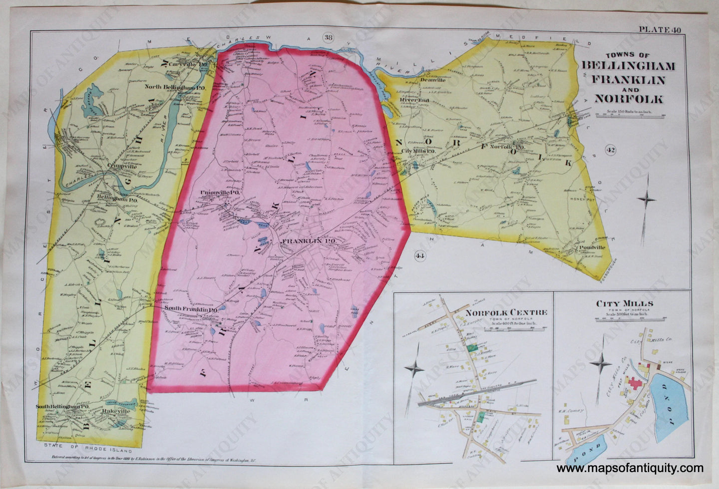 Antique-Map-Towns-of-Bellingham-Franklin-and-Norfolk-with-Norfolk-Centre-and-City-Mills-MA-Plate-40-1888-1880s-1800s-19th-century-Maps-of-Antiquity