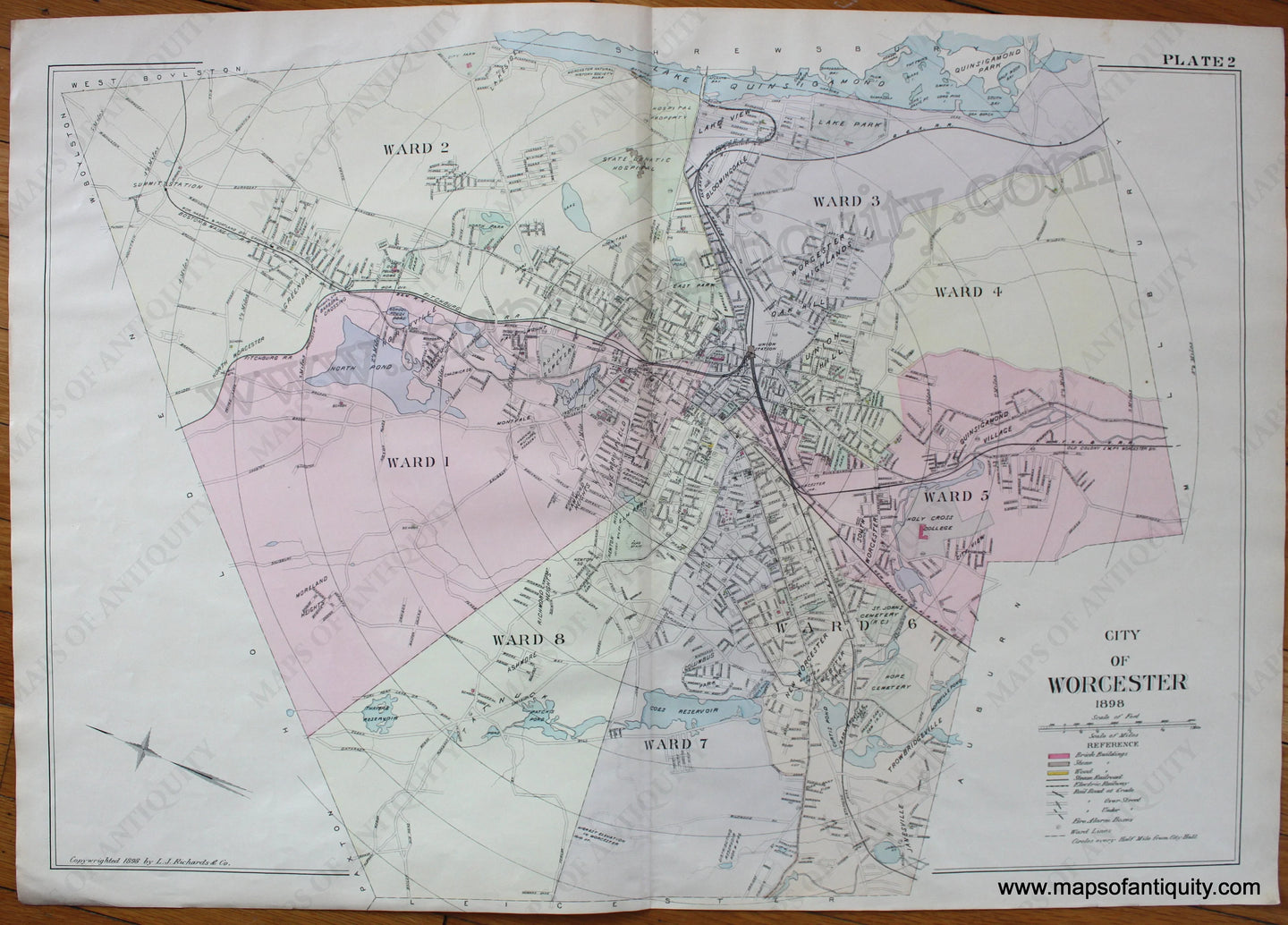 Antique-Hand-Colored-Map-City-of-Worcester-1898-Plate-2-(MA)-Massachusetts-Worcester-County-1898-Richards-Maps-Of-Antiquity