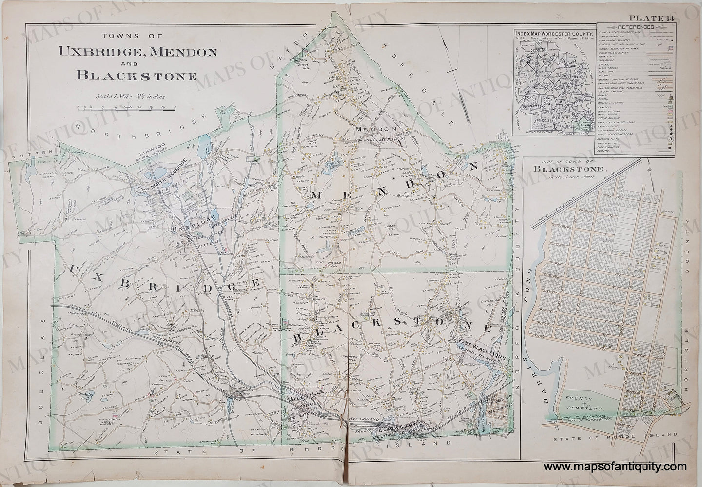 Antique map with original color in tones of green, blue, yellow, and orange-tan. Antique-Map-Towns-of-Uxbridge-Mendon-and-Blackstone-Plate-14