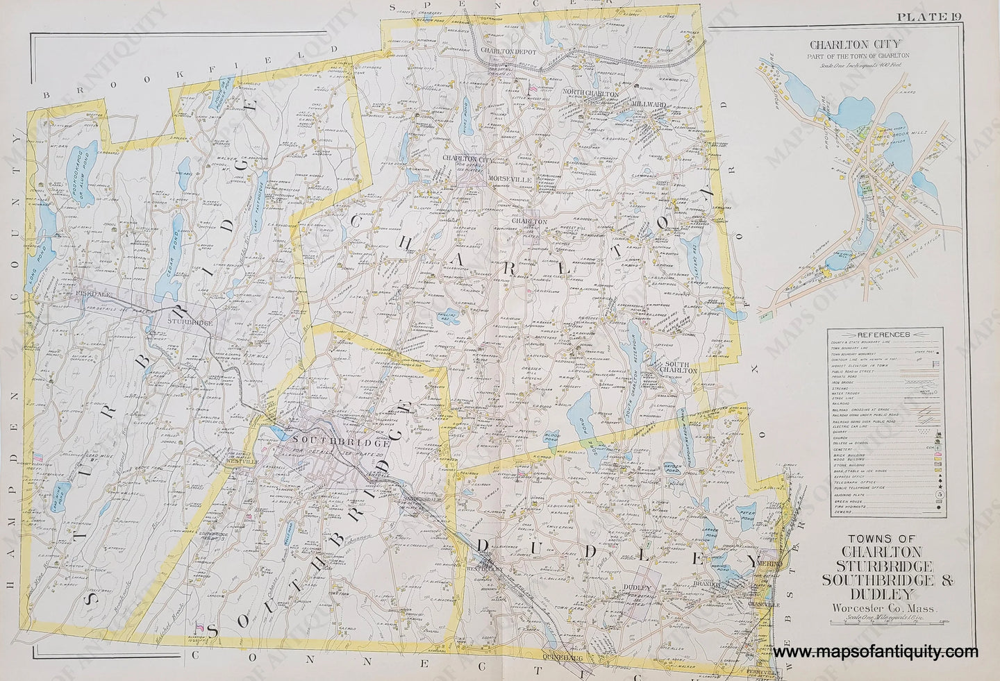 Antique-Hand-Colored-Map-Towns-of-Charlton-Sturbridge-Southbridge-and-Dudley-Plate-19-(MA)-Massachusetts-Worcester-County-1898-Richards-Maps-Of-Antiquity