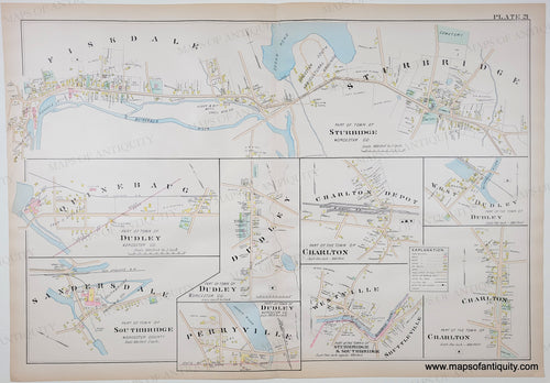 Antique page with nine small maps of various villages in Worcester County, Massachusetts from 1898 with original colors in tones of blue, yellow, green, pink, and orange. Antique-Map-Sturbridge-Southbridge-Dudley-Charlton-Plate-21