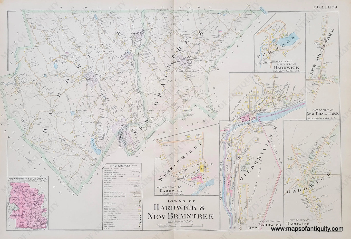 Antique-Map-Towns-of-Hardwick-and-New-Braintree-Plate-29 published by Richards in 1898 in the Atlas of Worcester County