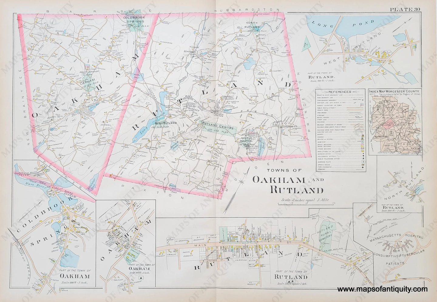 Antique-Hand-Colored-Map-Towns-of-Oakham-and-Rutland-Plate-30-(MA)-Massachusetts-Worcester-County-1898-Richards-Maps-Of-Antiquity