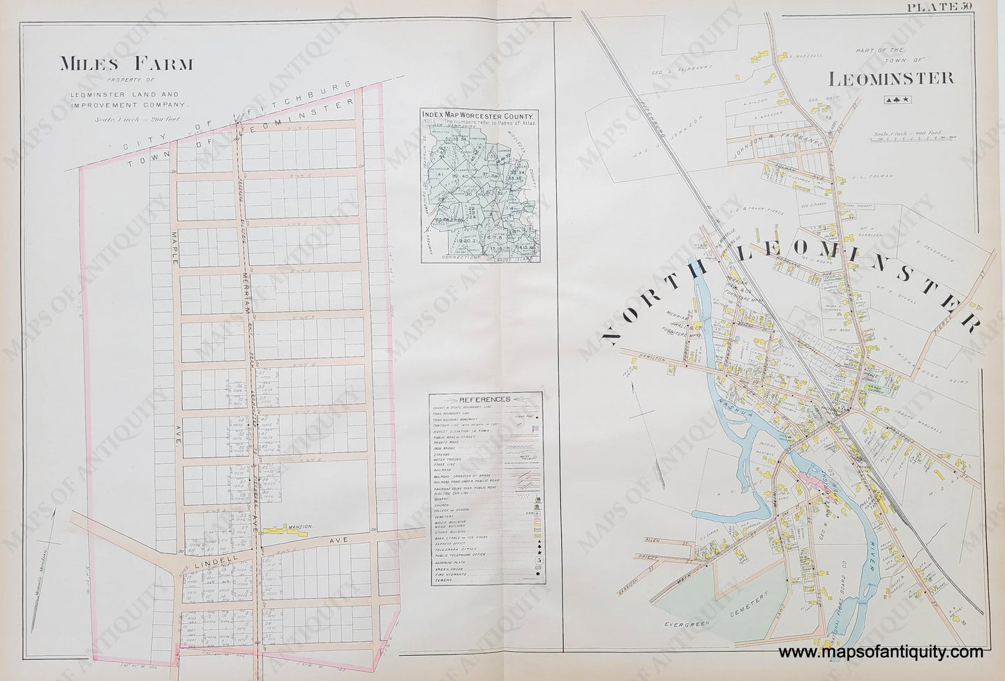 Antique-Map-Part-of-the-Town-of-Leominster-North-Leominster-Miles-Farm-Plate-50-Worcester-County-Massachusetts-1898-Richards