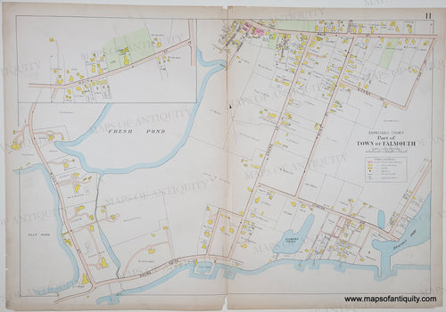 Original color in blue, yellow, green, pink, orange. Antique-Hand-Colored-Map-Part-of-the-Town-of-Falmouth-Page-11-(MA)-Massachusetts-Cape-Cod-and-Islands-1906-Walker-Maps-Of-Antiquity
