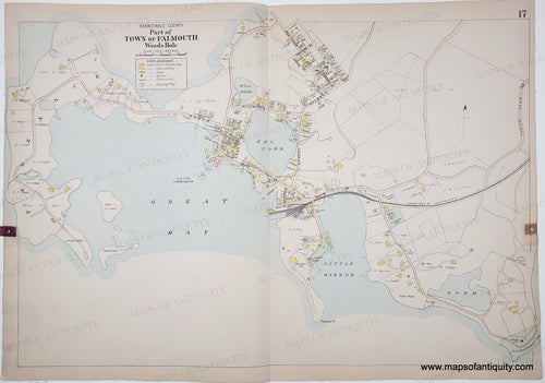 Map of Falmouth and Woods Hole showing streets and buildings with original colors of blue, yellow, pink, tan