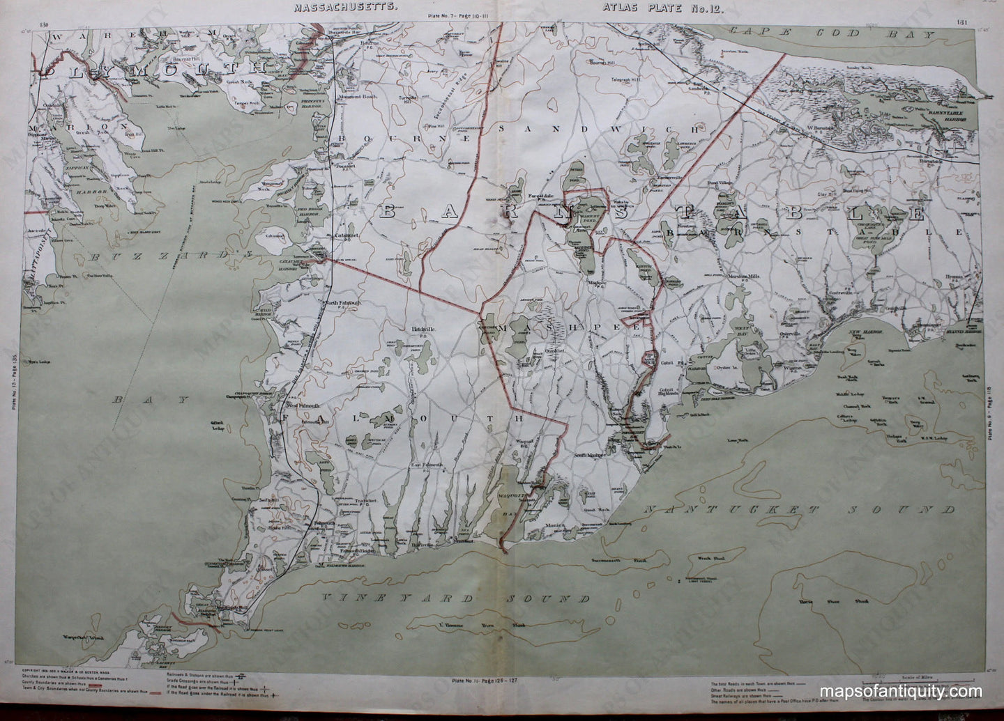 Printed-Color-Antique-Map-Atlas-Plate-No.-12.--Massachusetts-Cape-Cod-and-Islands-1891-Walker-Maps-Of-Antiquity